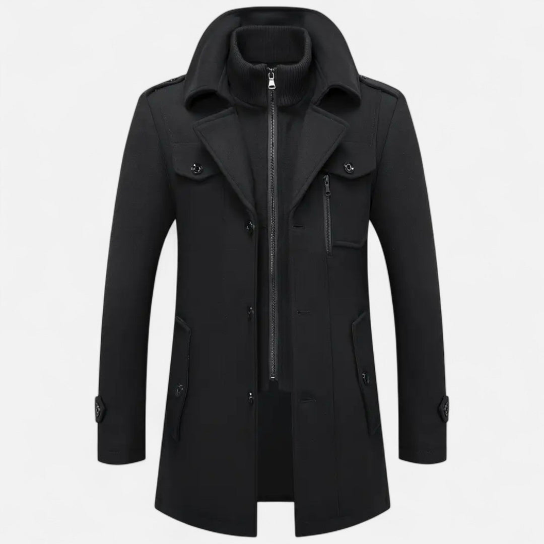 Slim-fit herrkappa bakifrån, elegant ytterplagg för män i klassisk stil