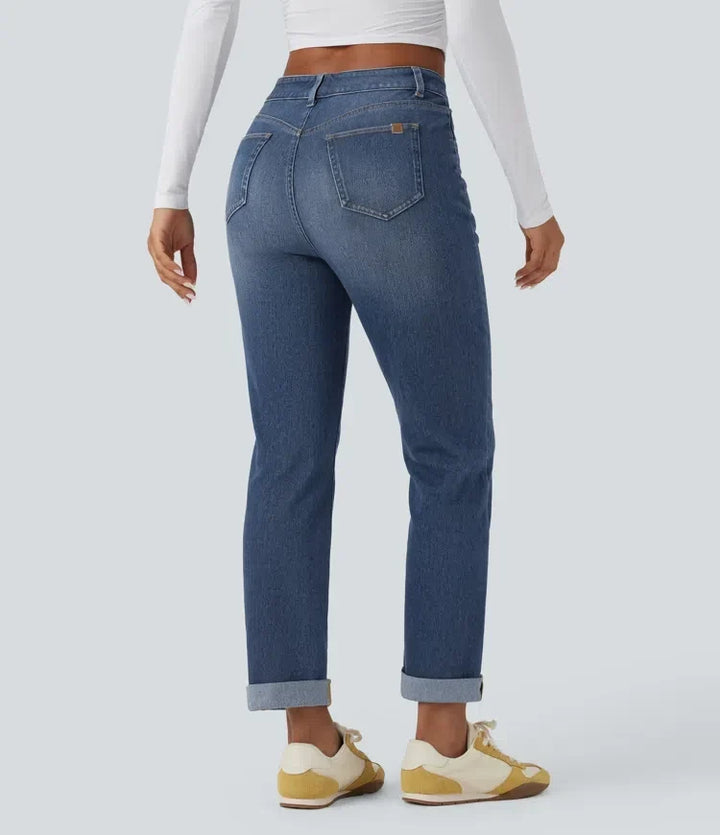 Damkläder - Högmidjade smala jeans visade bakifrån
