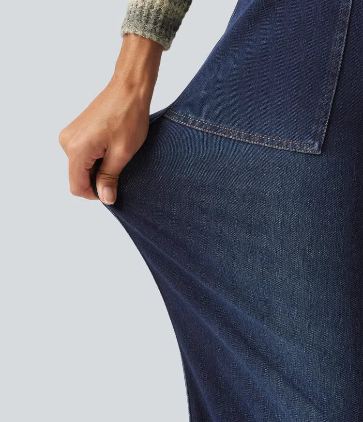 Blå damjeans med vida ben och praktiska framfickor