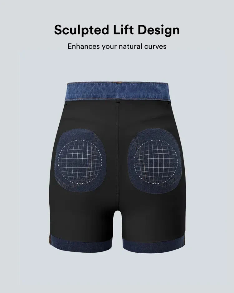 Högmidjade damjeans med raka ben och fickor, bakifrån