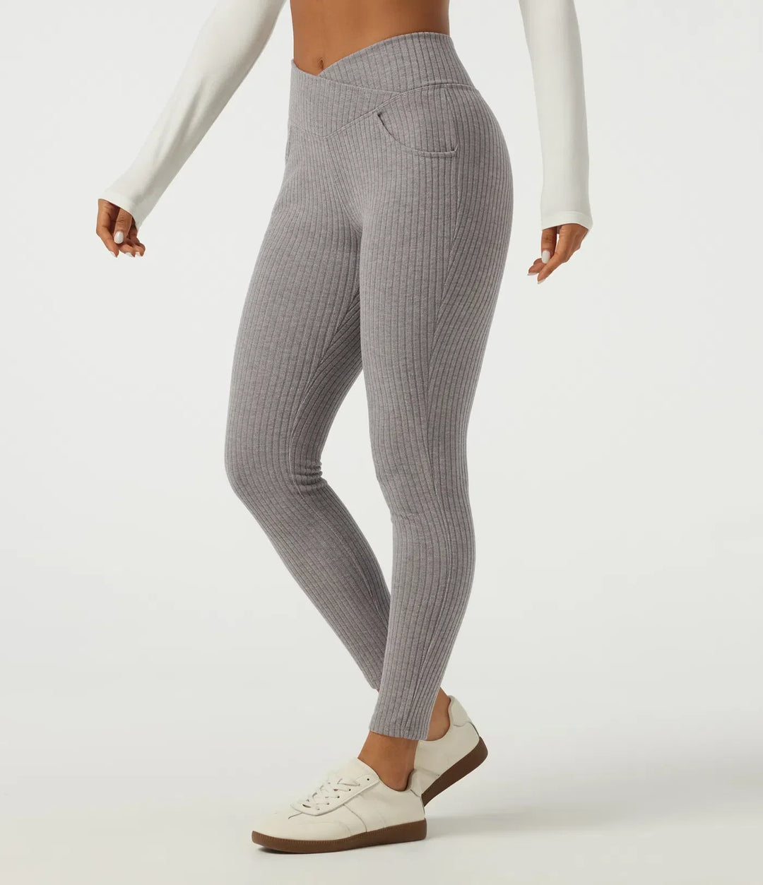 Crossover ribbstickade leggings för dam, perfekt vardagsmode