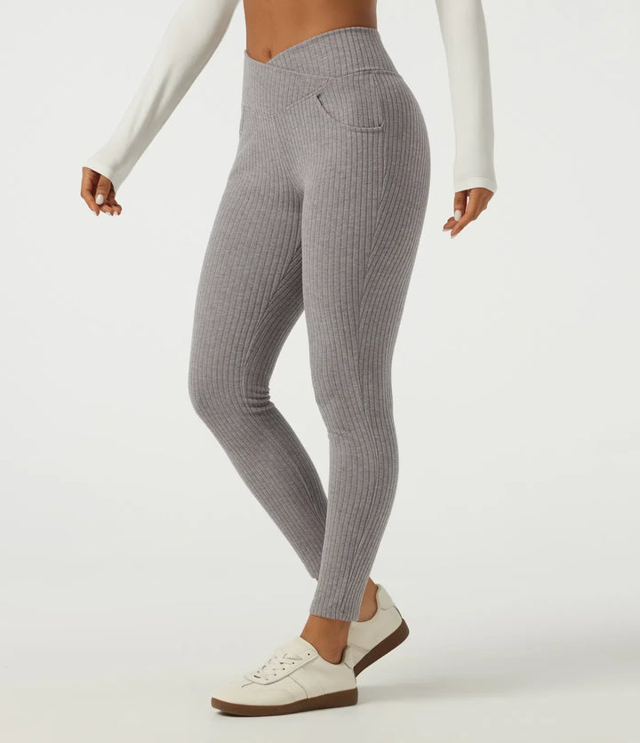 Crossover ribbstickade leggings för dam, perfekt vardagsmode