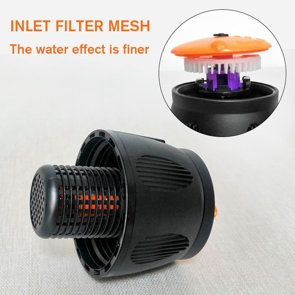 Närbild på inloppsfilter och spridarhuvud för trädgårdssprinkler