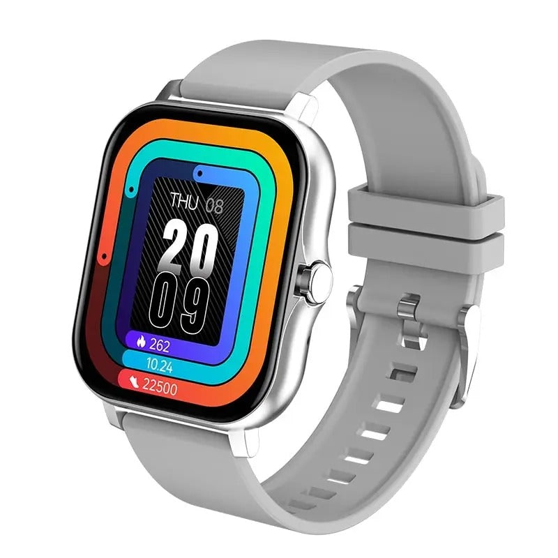 Digital smartklocka med färgstark urtavla och grått armband