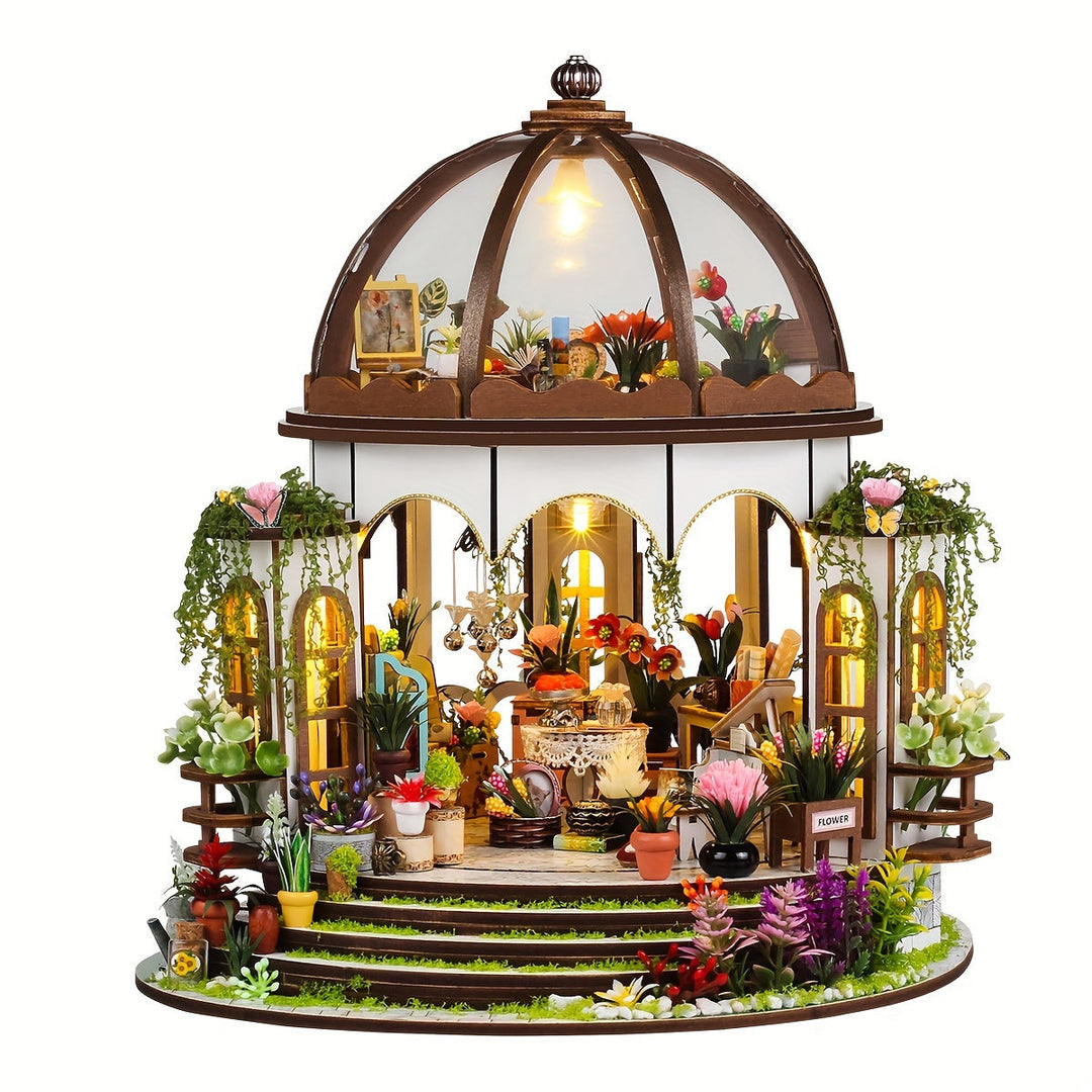 Trädgårdstema för 3D träpussel med blommor och miniatyrmöbler
