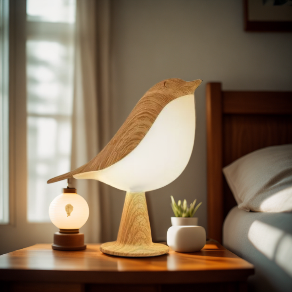 Stämningsfull LED-nattlampa med träbas i ett sovrum