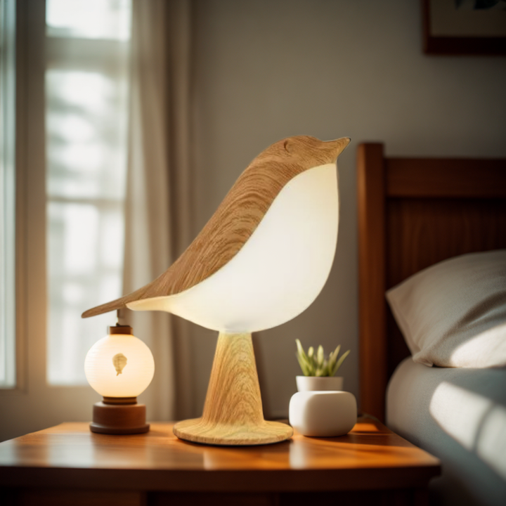 Stämningsfull LED-nattlampa med träbas i ett sovrum