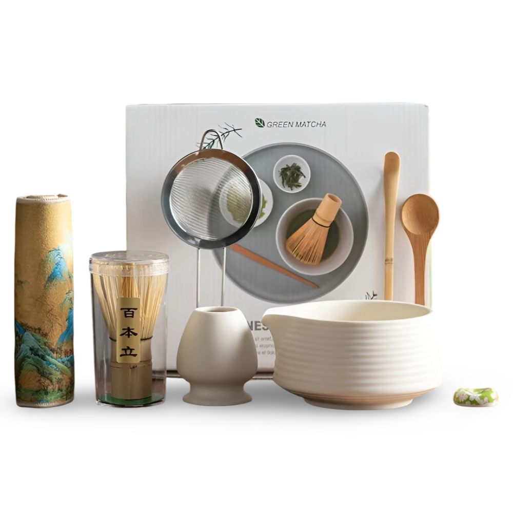 8-delars premium matcha-set med bambuvisp & matchaskål för autentisk japansk teberedning.