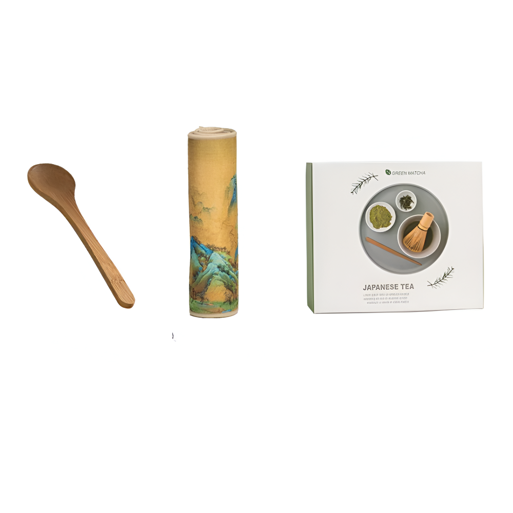 Matcha-tillbehör: sil, teskopa, vispställ & bambuvisp. Allt för autentisk teceremoni hemma.