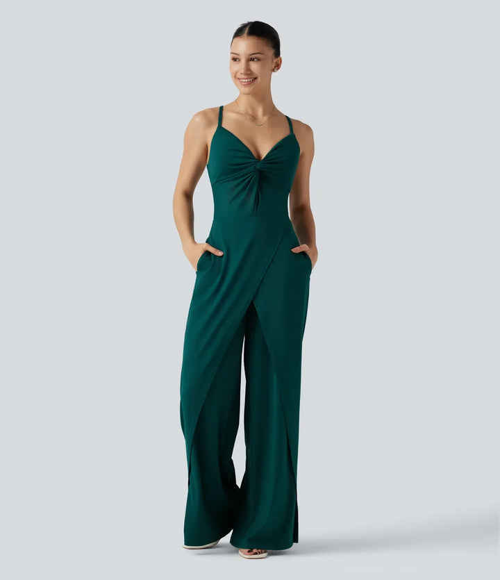 Helhetsbild av grön omlott jumpsuit för damer med fickor