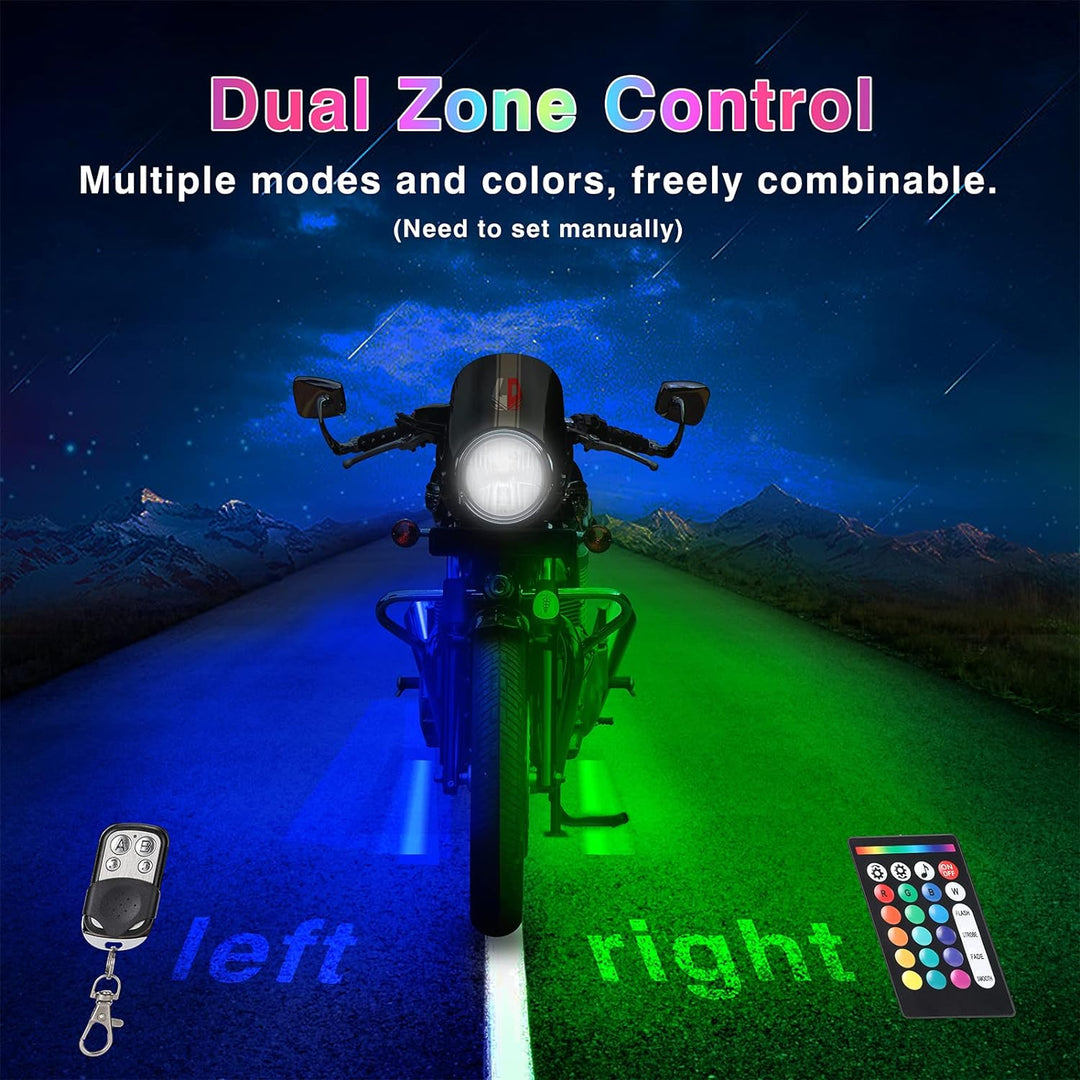 Närbild på LED-lampor och kablage till universal motorcykelbelysning