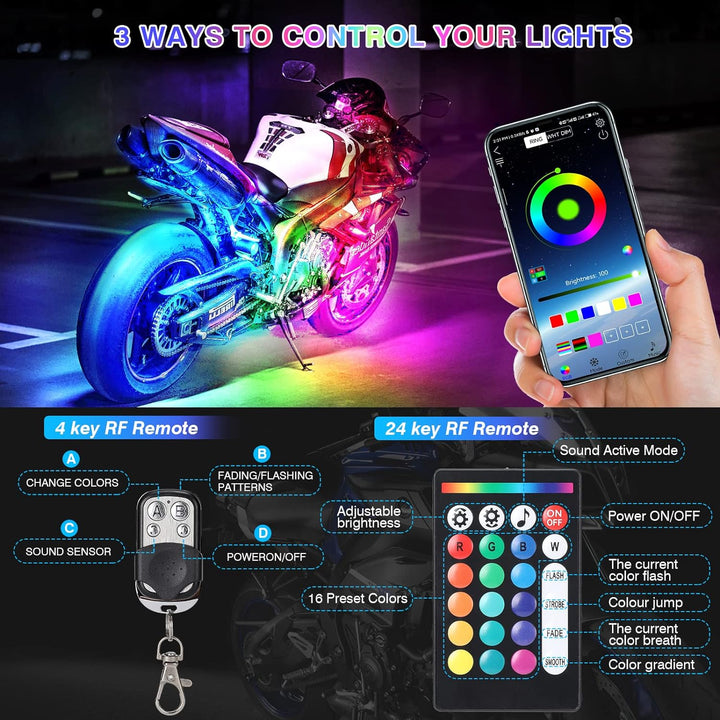 Motorcykel upplyst med RGB LED-lampor i mörker bredvid mobilapp