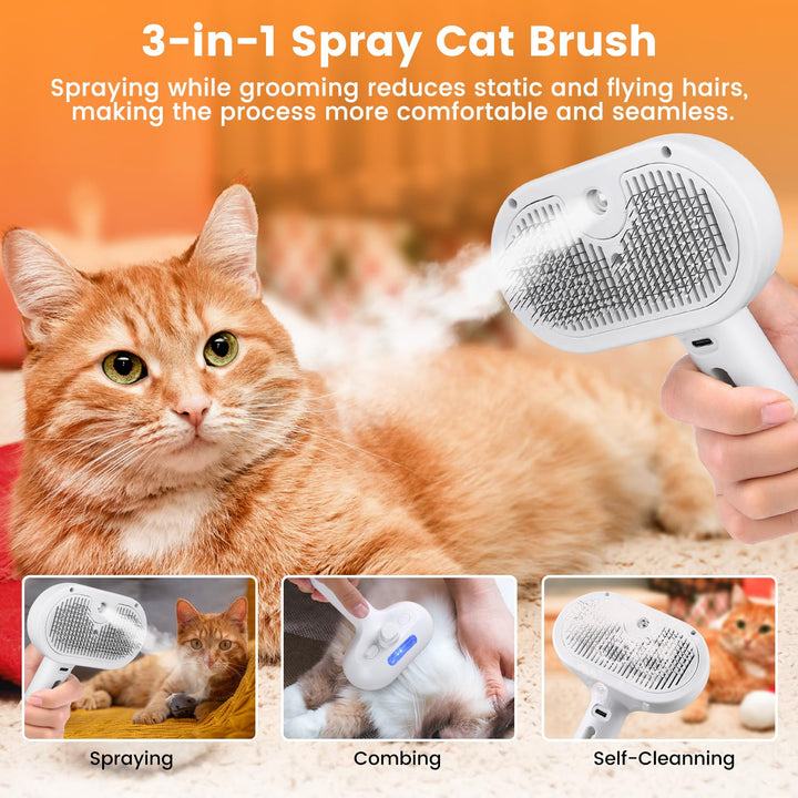 Närbild som demonstrerar sprayfunktion, kamning och självrengöring på en orange katt