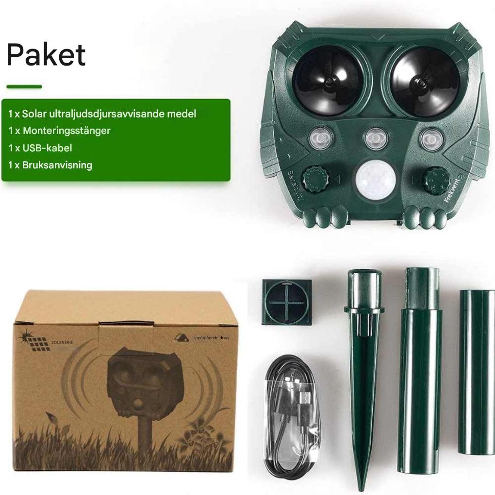 Komplett förpackning med ultraljudsavskräckare och monteringstillbehör
