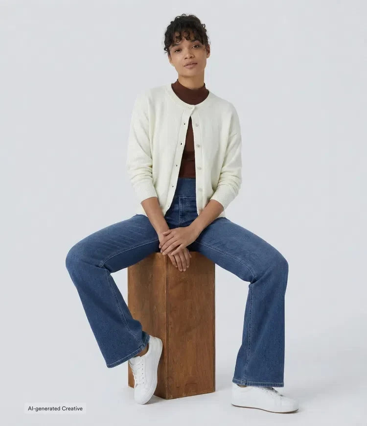 Mörkblå stretchiga bootcut jeans för dam med hög midja framifrån