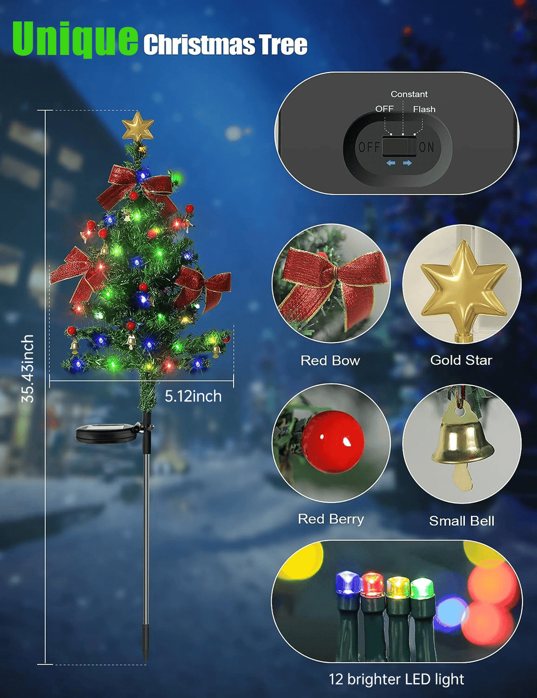 Mått och detaljer för MerryGlow julgransbelysning med solpanel och dekorationer