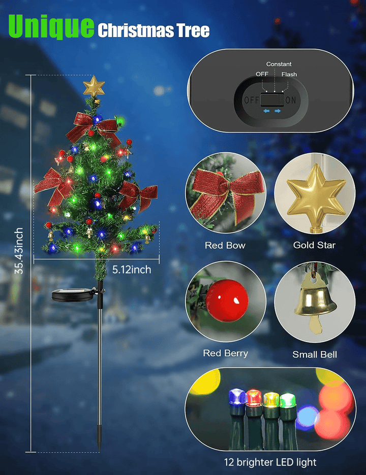 Mått och detaljer för MerryGlow julgransbelysning med solpanel och dekorationer