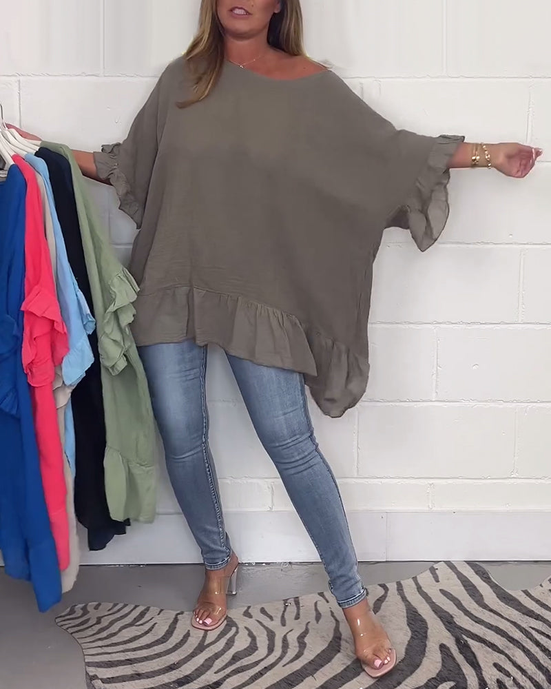Enfärgad casual topp med volangärm