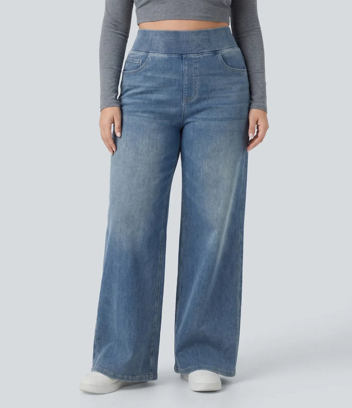Trendiga baggy damjeans med vida ben och fickor