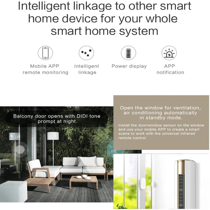 Närbild på smart wifi dörrsensor monterad på vit dörrkarm hemma