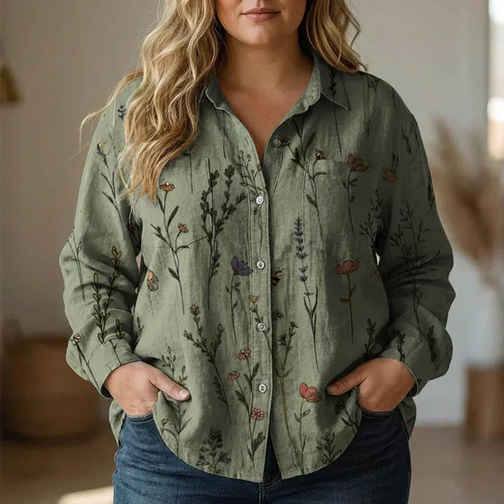 Grön mönstrad vintageblus med botaniskt tryck för damer