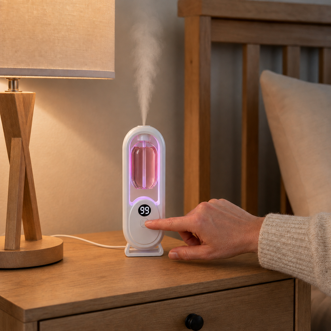 Närbild på Aerolume luftfuktare med tänd LED-belysning och ånga bredvid sängen