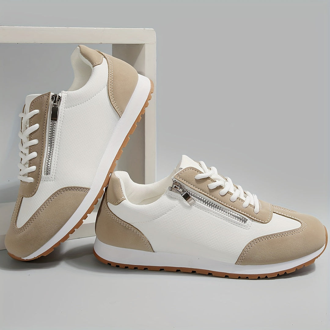Beige damneakers med ortopedisk sula och praktisk dragkedja för vardag och promenad