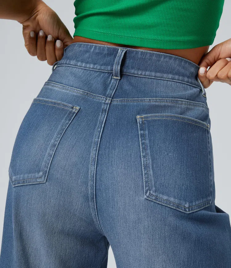 Moderna damkläder beiga jeans med vida ben och snygg passform