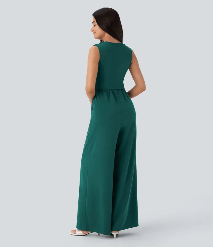 Kvinna som bär grön ärmlös jumpsuit bakifrån