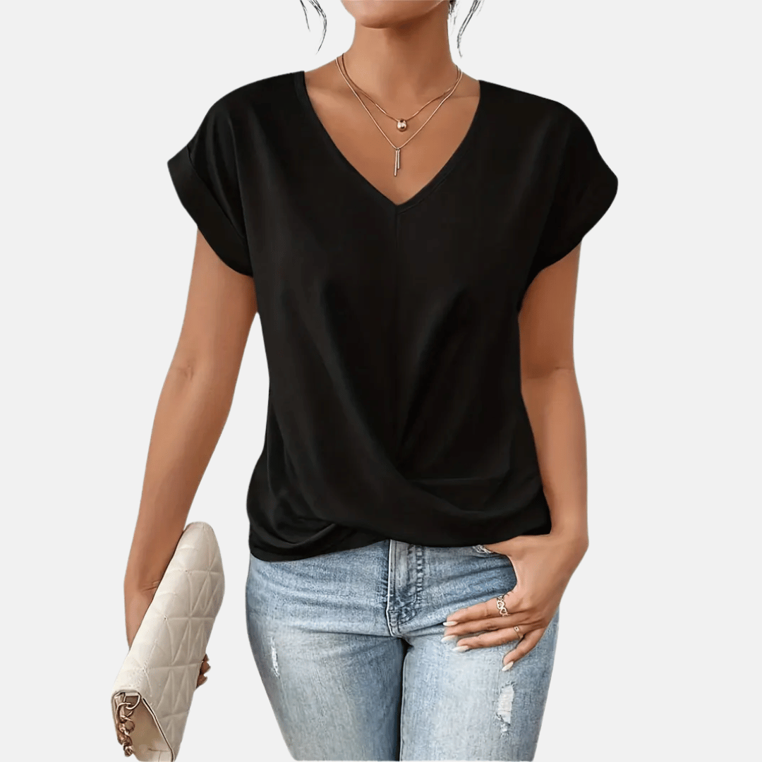 Svart damblus med V-ringning och draperad design