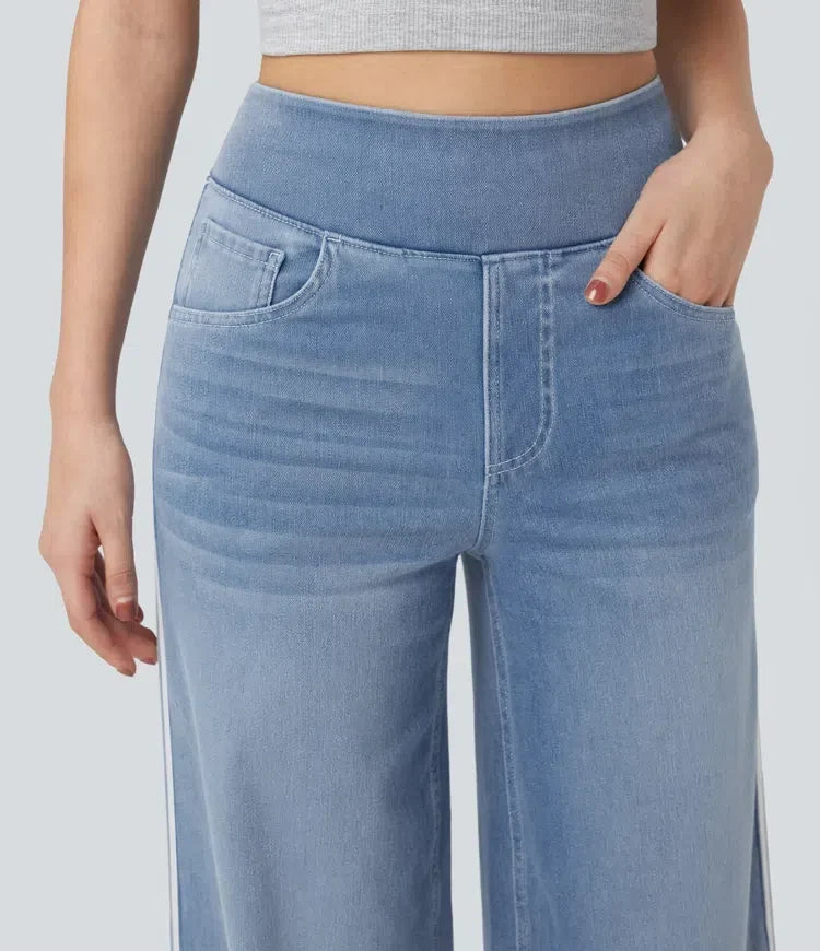 Damvida jeans med hög midja och dekorativa sidoränder