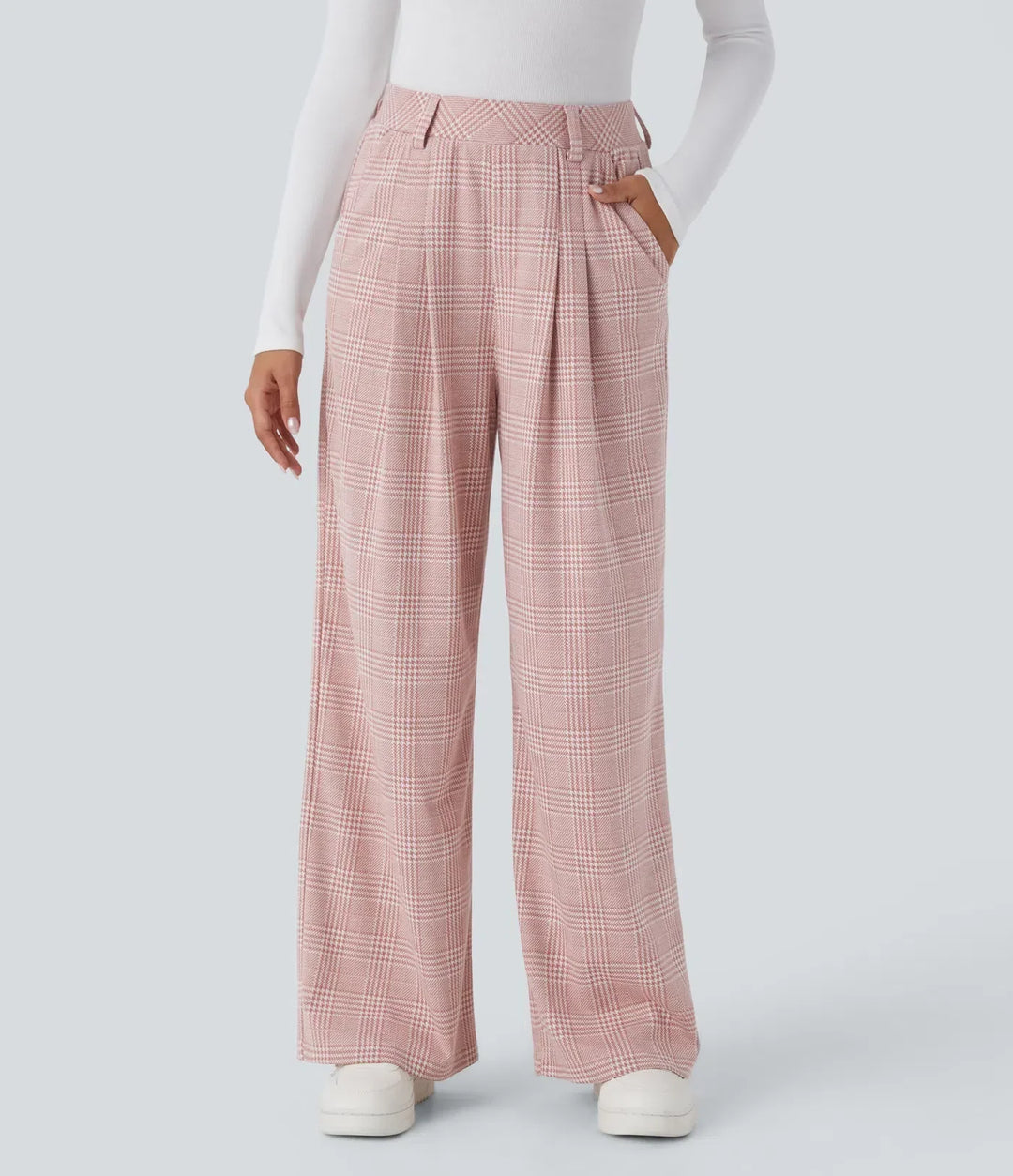 Moderna baggy byxor med rutig design och bekväm hög midja