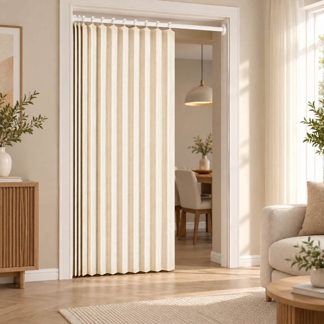 Pleatwell veckat dörrdraperi i beige färg hängande i en dörröppning i ett modernt vardagsrum
