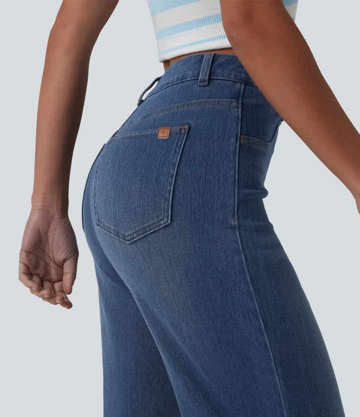 Vardagsbyxor i denim för dam med raka ben, hellängd