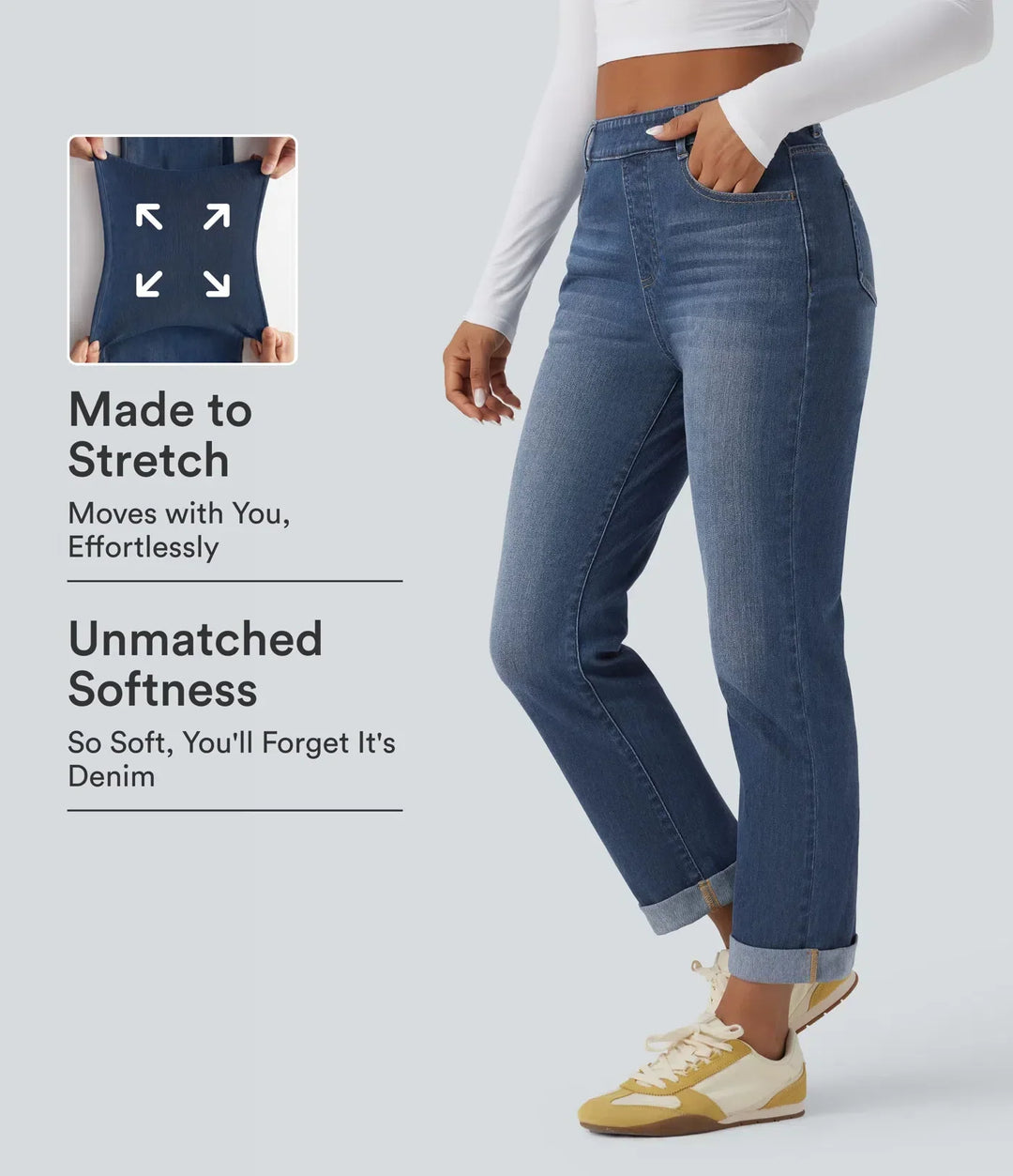 Moderiktiga damkläder i form av stretchiga jeans med hög midja