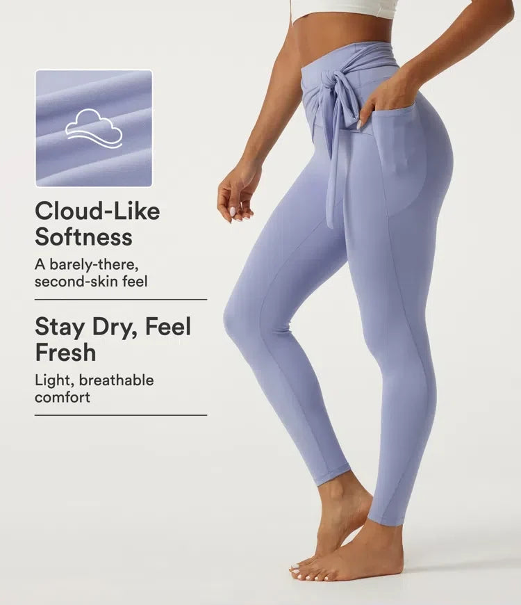 Högmidjade dam yogaleggings med fickor och knytning fram i ljuslila