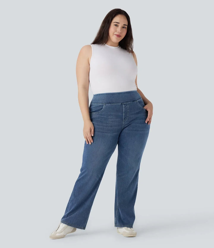 Närbild på benslut och söm på bootcut-modell för dam