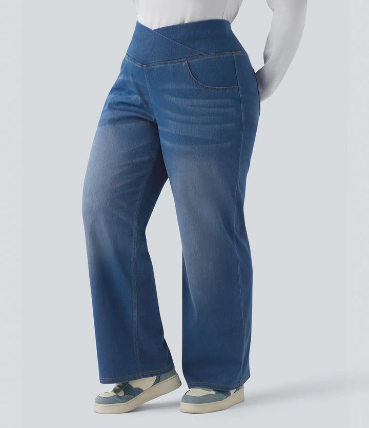Moderna damjeans med raka ben och unik crossover-knäppning