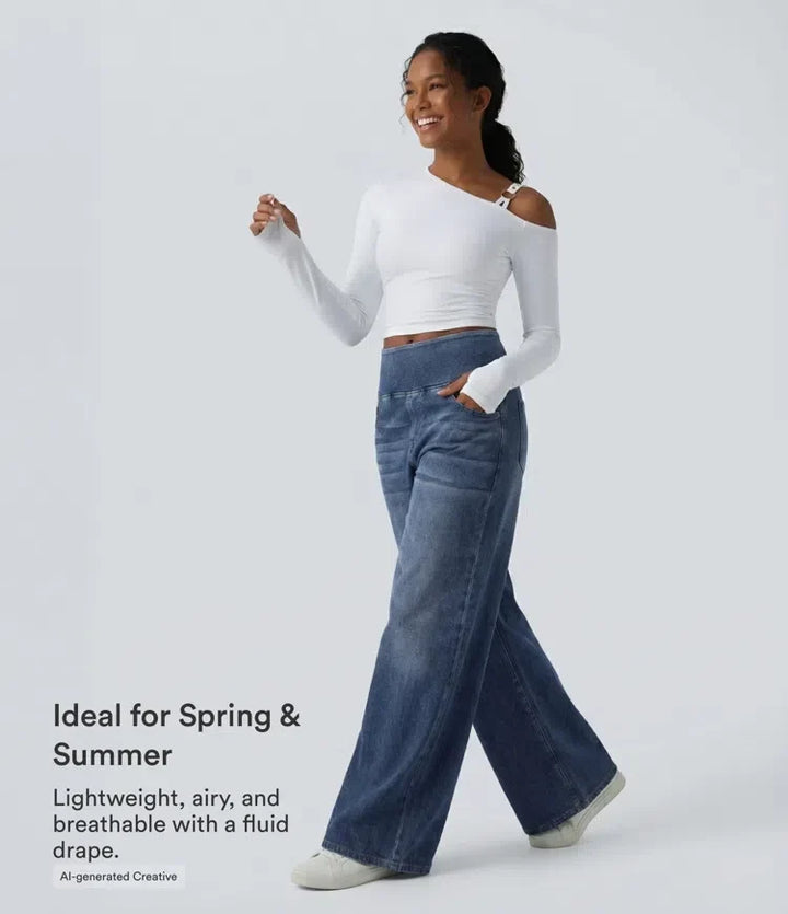 Vardagsbyxor i denim med medelhög midja och ledig passform