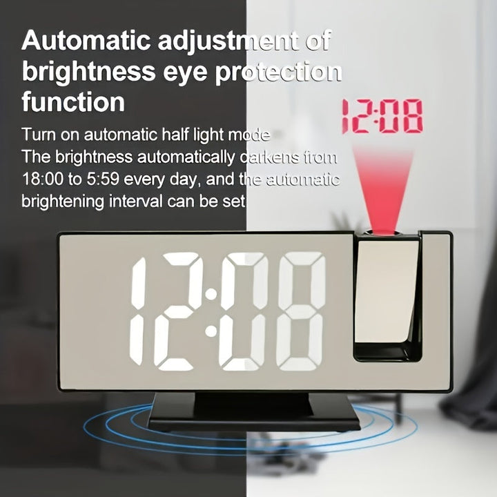 Närbild på LED-displayen med tidsvisning och alarm på digital väckarklocka
