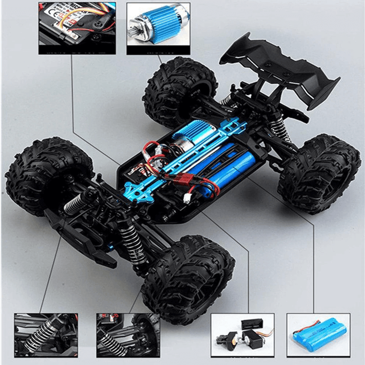 Fjärrstyrd bil 4x4 i skala 1:16 sedd från sidan med LED-belysning