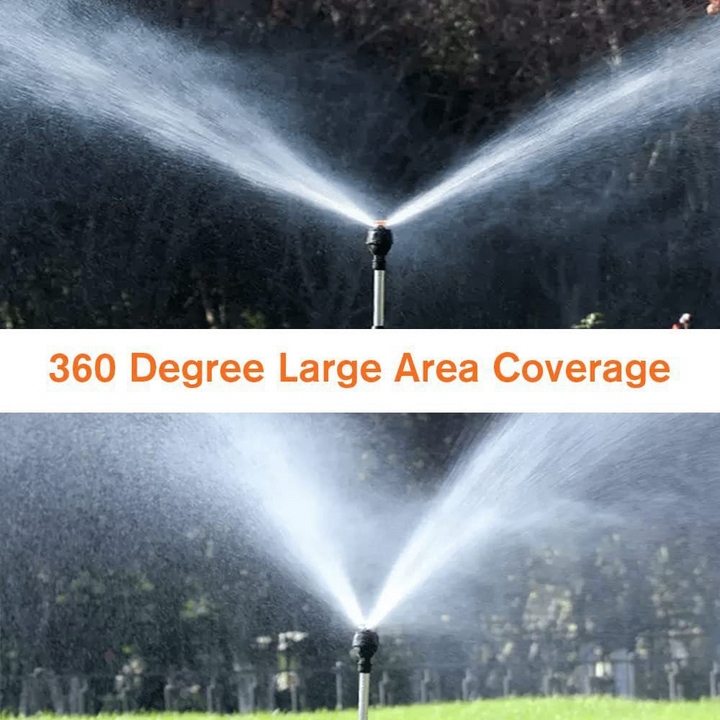 Automatisk roterande trädgårdssprinkler monterad på stabilt stativ för effektiv gräsmattsbevattning