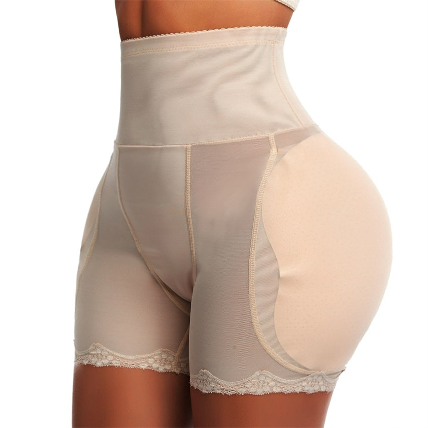 Beige shapewear trosor med vaddering för timglasfigur framifrån