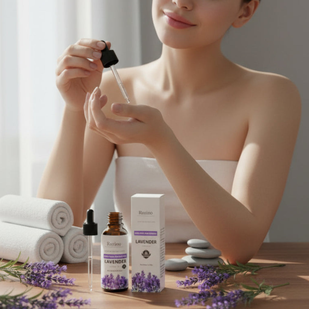 Kvinna som droppar lavendel eterisk olja på handen för massage