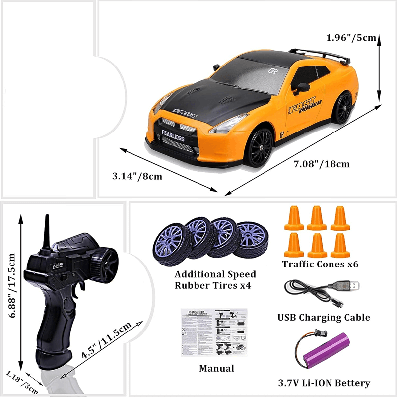 RC driftbil sedd bakifrån med detaljerad vinge och baklyktor