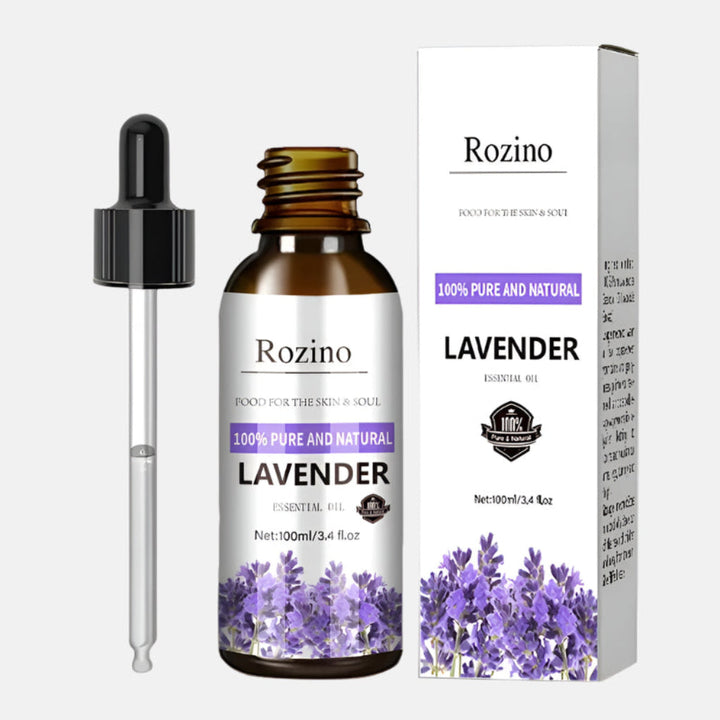 Flaska med lavendel eterisk olja, pipett och tillhörande förpackning