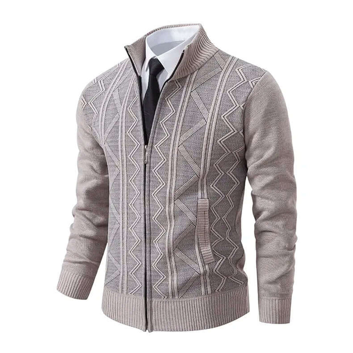 Stilren beige stickad herrcardigan med dragkedja och mönster