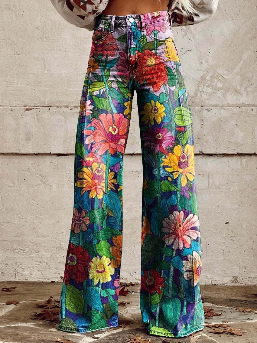 Dam vida bohemiska byxor med blommönster i färgstark design