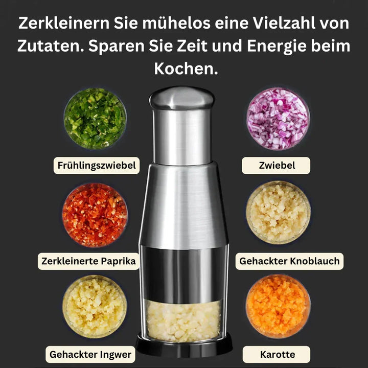 Vitlöks- och grönsakshackare som visar olika hackade ingredienser