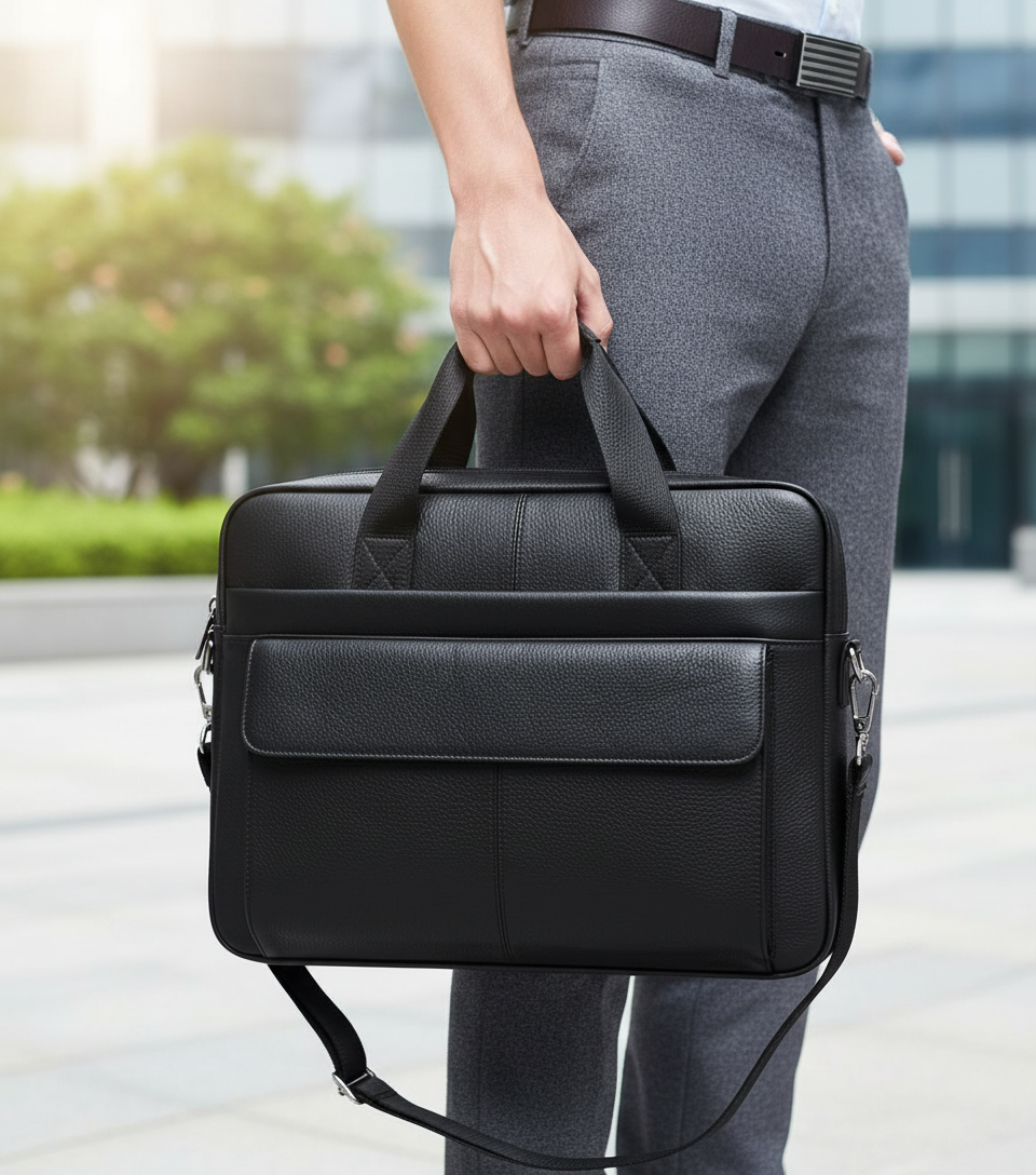 Person som håller en svart laptopväska utomhus